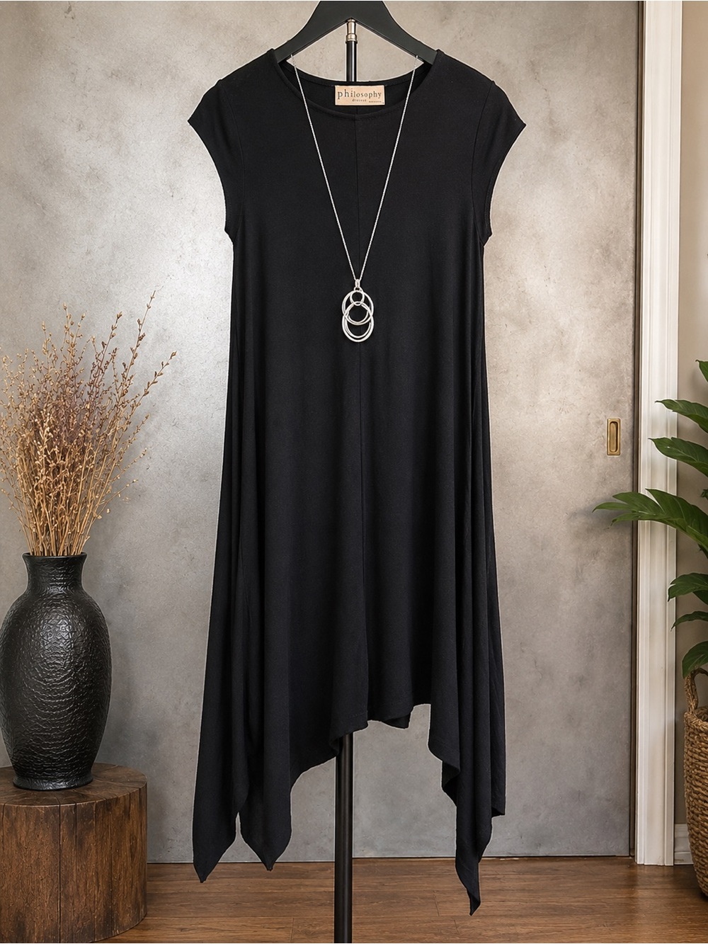 Philosophy Dresses Black Asymmetrical Hem Modal Tunic Dress Minimalist